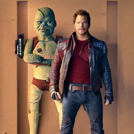 Image similar to the actor chris pratt as star lord posing together with the doll chucky from the movie child's play, inside a starship, oil painting, by greg rutkowski