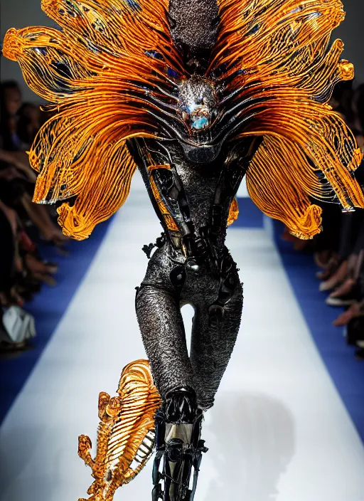 Image similar to walking down the catwalk, ben watts, show, stage, vogue photo, podium, fashion show photo, iris van herpen, beautiful woman, full body shot, helmet on face, masterpiece, plant predator, guyver, jellyfish, biomechanical details, movie still, fauvism, cinestill, bokeh, gelios lens