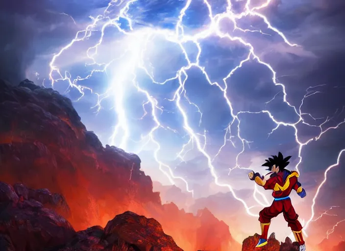 Image similar to goku luchando contra iron man, beautiful landscape, lightning storm, dramatic lightning, cinematic, establishing shot, extremly high detail, photorealistic, cinematic lighting, epic fight scene, post processed, concept art, artstation, matte painting, style by greg rutkowsky