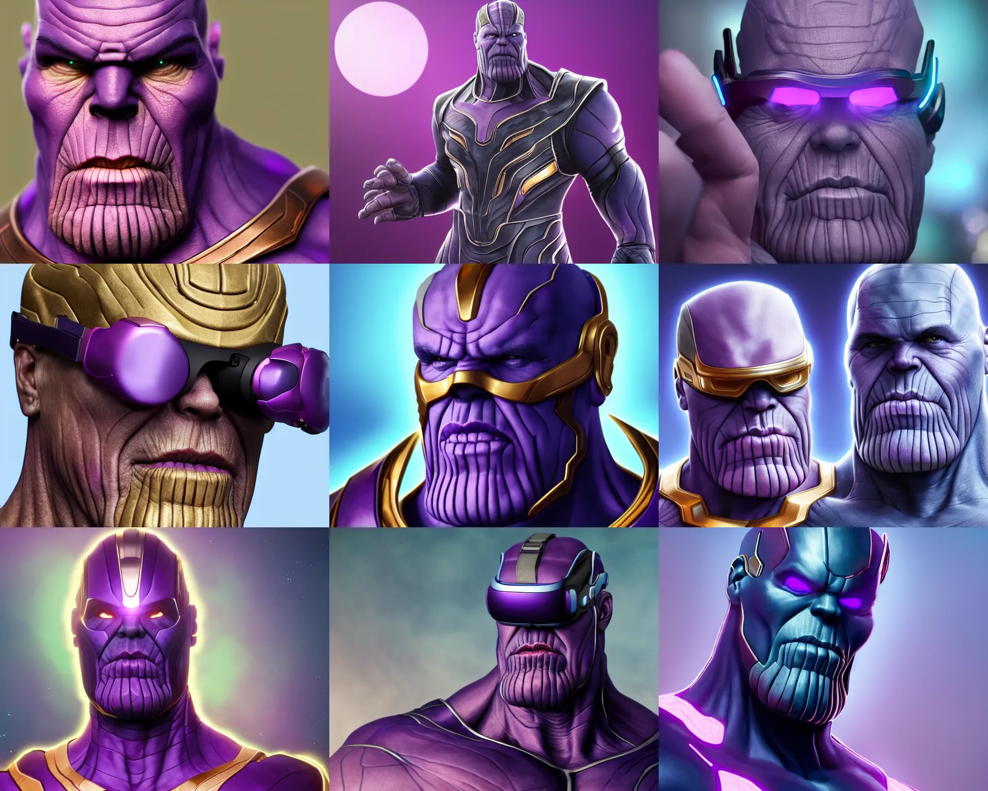 Prompt: Thanos wearing VR goggles, highly detailed, intricate, accurate face, Trending artstation, pixiv, digital Art