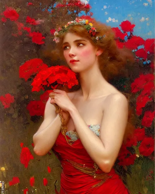 Image similar to an attractive girl wearing a red dress and surrounded by flowers. highly detailed painting by gaston bussiere, craig mullins, j. c. leyendecker 8 k