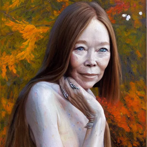 Image similar to stunning serene portrait of Sissy Spacek by Mark Arian, 0ne inch thick impasto oil on canvas, masterpiece, realism, piercing gaze, autumn bokeh