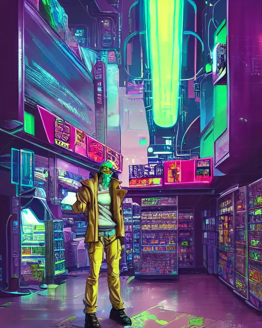 Prompt: cyberpunk man shopping at a neon soaked grocery store, science fiction painting, elegant intricate digital painting artstation, art by masamune shirow, detailed