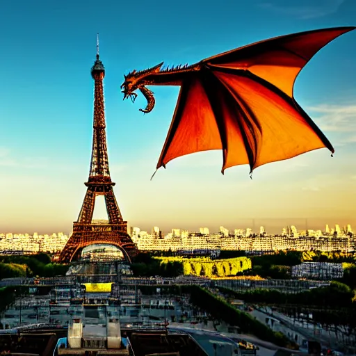 Image similar to dragon flying, eiffel tower, golden hour