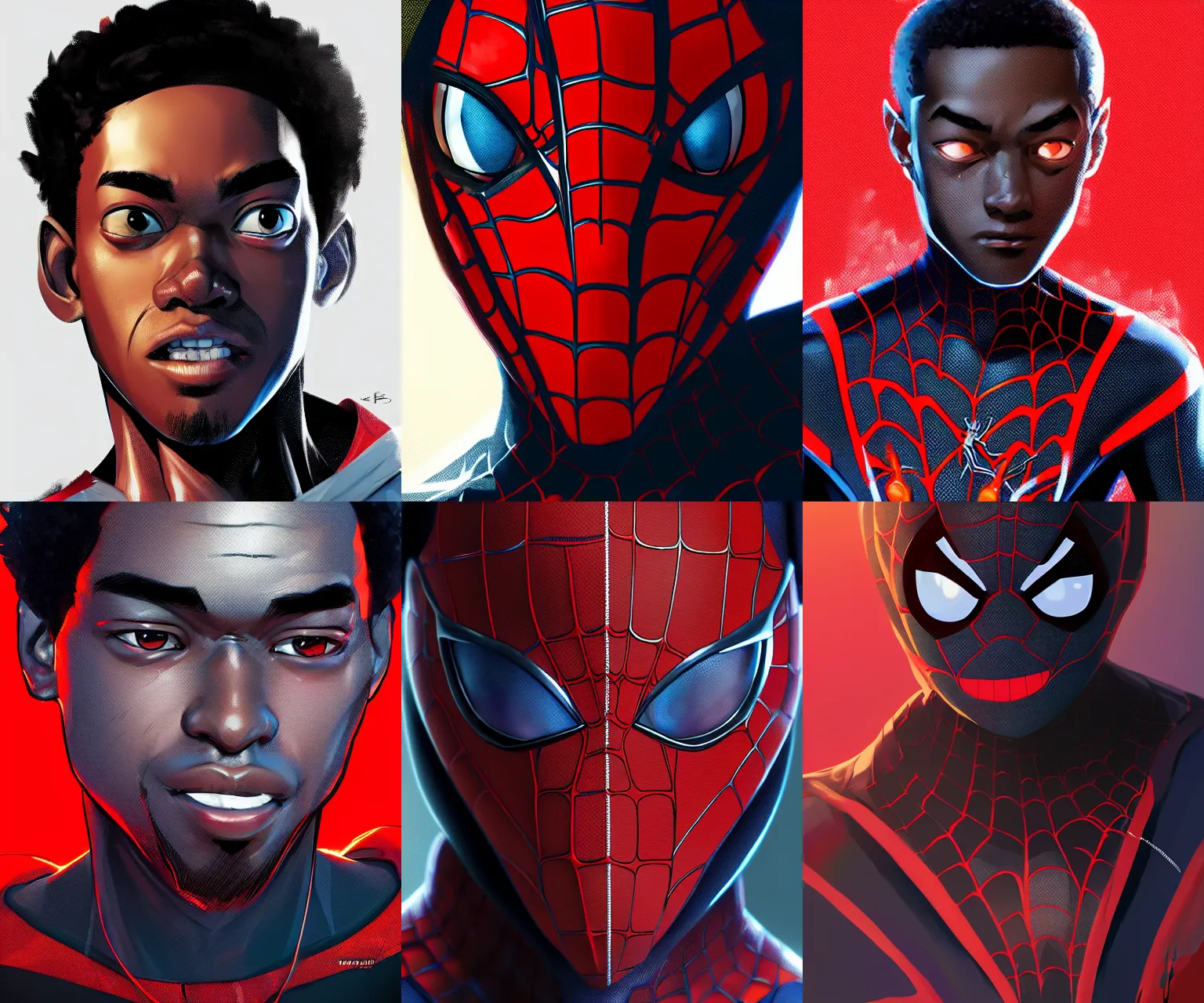 Prompt: close up portrait of miles morales, spider - verse art style, artstation, trending, highly detailed, smooth, focus, by alberto mielgo, craig mullins, robh ruppel, yun ling, vaughan ling, neil ross, peter chan, jesus alonso iglesias, raffaello vecchione