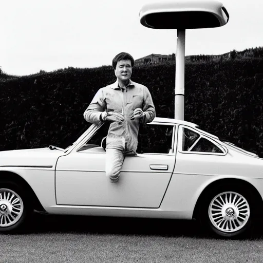 Image similar to elon musk waving from his lancia fulvia, award winning photograph