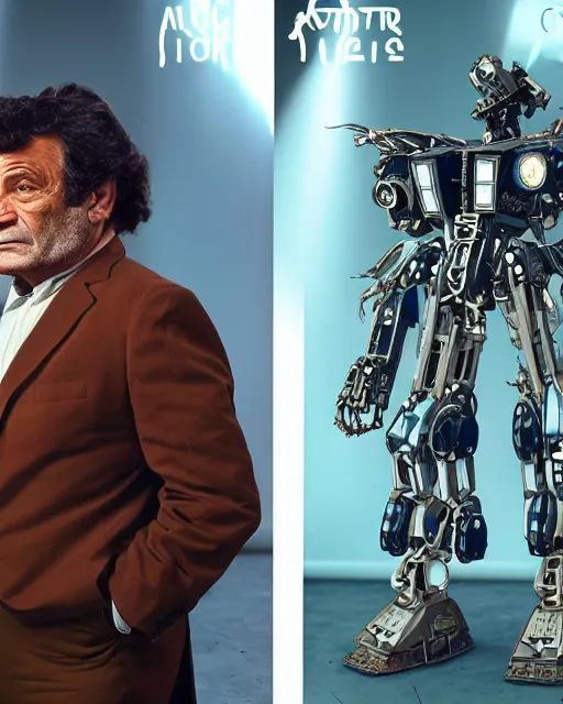 Image similar to Peter Falk's Detective Columbo as a Mecha, hyperdetailed, full body, LED effects, glowing eyes, professional paint job, standing in a city street, distressed paint, photoreal, caustics, octane render, redshift render, Vray render, all in focus, unreal engine, post processing, ultra detailed, trending on artstation