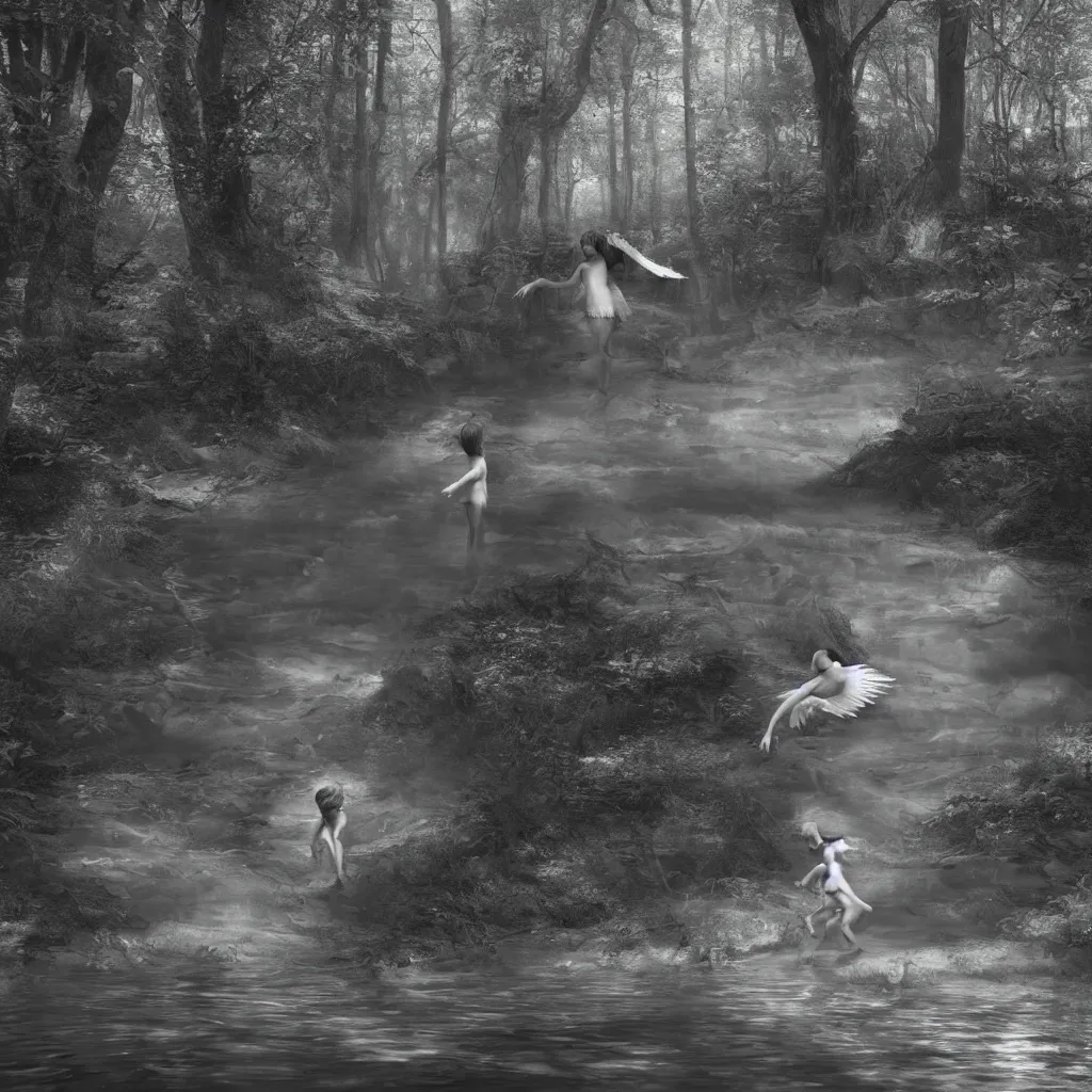 Prompt: an angel stripped of it's wings chasing a child through a creek in the woods, bad dream, hazy memory, volumetric, hyper realistic, octane render, dark black and white in the style of alvin schwartz, epic angles