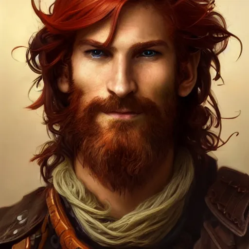 Image similar to portrait of a young ruggedly handsome but joyful pirate, male, masculine, upper body, red hair, long hair, d & d, fantasy, roguish smirk, intricate, elegant, highly detailed, digital painting, artstation, concept art, matte, sharp focus, illustration, art by artgerm and greg rutkowski and alphonse mucha