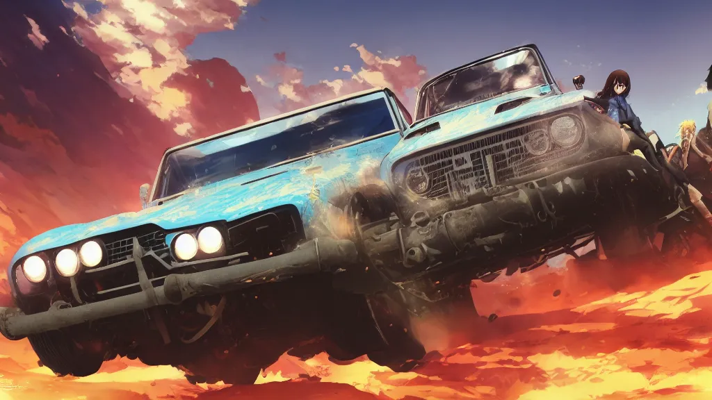 Image similar to anime illustration of mad max's fj 4 0 pursuit special, the last v 8 interceptor driving down to the gates of valhalla highway, riding fury road eternal shiny and chrome, world of fire and blood, by makoto shinkai, ilya kuvshinov, lois van baarle, rossdraws, basquiat, global illumination ray tracing hdr