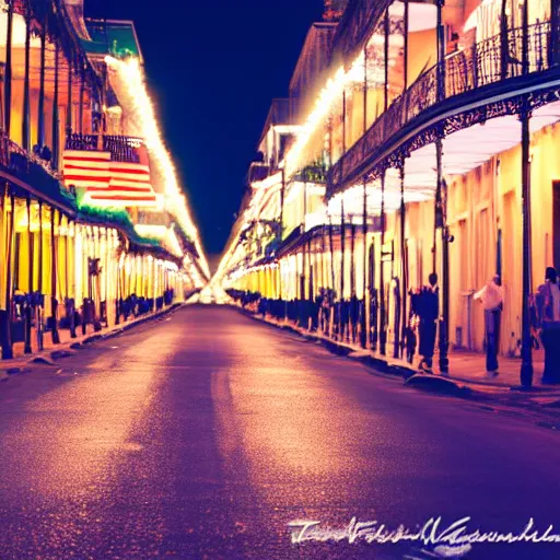 Image similar to golf carts driving down bourbon street in new orleans at night. cinematic lighting