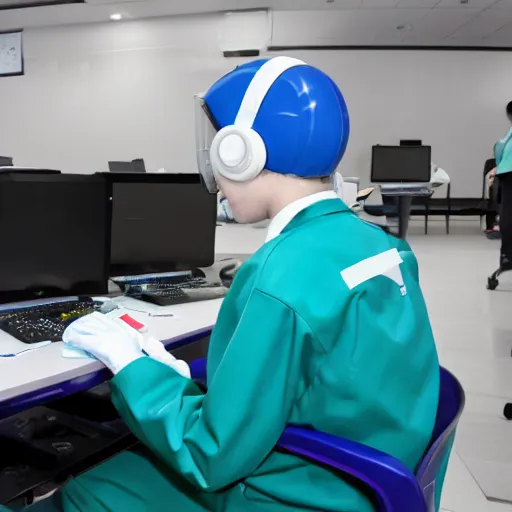 Prompt: A dolphin wearing a chemist outfit playing games on a computer