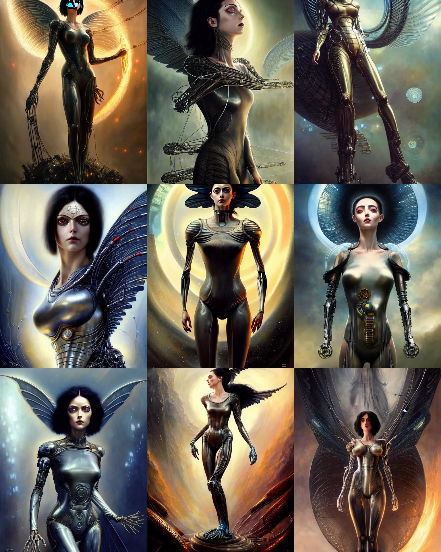 Image similar to karol bak and tom bagshaw and bastien lecouffe - deharme full body character portrait of alita battle angel as galadriel, floating in a powerful zen state, supermodel, beautiful and ominous, wearing combination of mecha and bodysuit made of wires and silk, machinery enveloping nature in the background, scifi character render