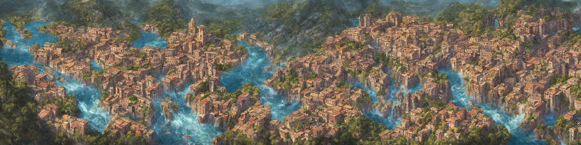 Image similar to Aerial map of a medieval italian city on top of a giant waterfall, D&D, fantasy, brightly colored buildings, highly detailed, digital painting, artstation, smooth, sharp focus, illustration, art by greg rutkowski studio ghibli, cinematic,