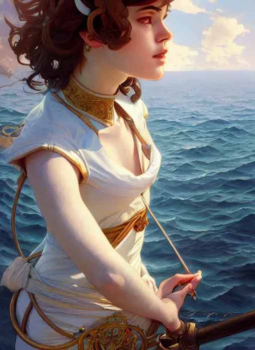 Image similar to sailor on its boat, fantasy, highly detailed, digital painting, artstation, concept art, wallpaper, smooth, sharp focus, illustration, art by artgerm and greg rutkowski and alphonse mucha