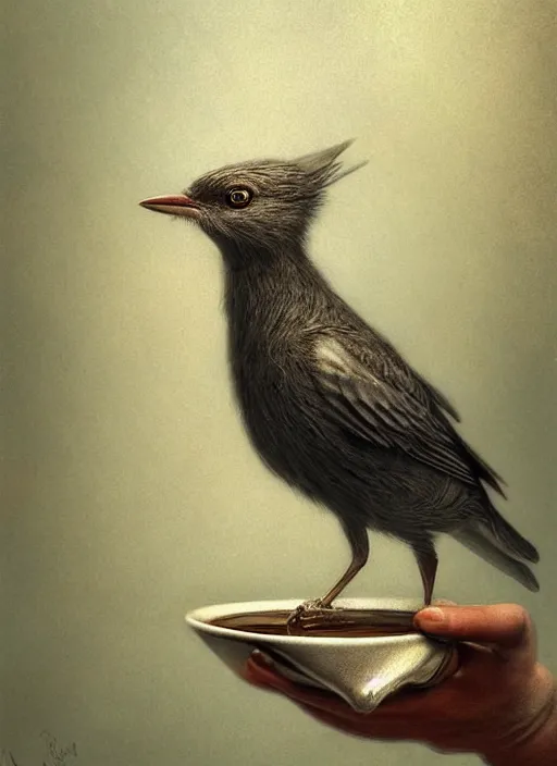 Image similar to a bird holds a cup of tea in its hands, hyperrealism, no blur, 4 k resolution, ultra detailed, style of tyler edlin, tom bagshaw, arthur rackham, ivan shishkin