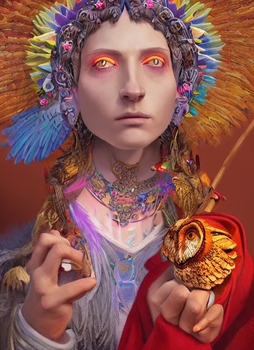 Image similar to an anthropomorphic beautiful goddess male wizard made of owl portrait holding a staff wearing colourful robe, fine art, award winning, intricate, elegant, sharp focus, octane render, hyperrealistic, cinematic lighting, highly detailed, digital painting, 8 k concept art, art by jamie hewlett and z. w. gu, masterpiece, trending on artstation, 8 k