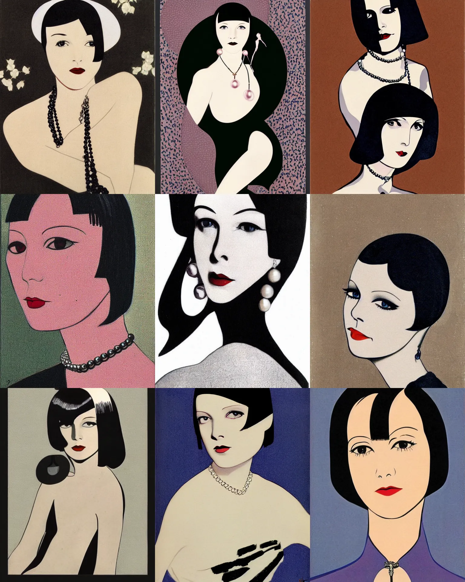 Prompt: art print, Mary Louise Brooks 25 years old, wearing pearl necklace , bob haircut, portrait by Patrick Nagel, 1920s,