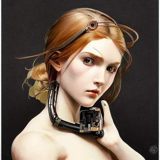 Prompt: female robot, chrome, holding paintbrush, incredibly detailed face, pretty face, true anatomy, art by artgerm and greg rutkowski and alphonse mucha