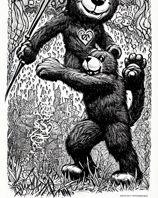 Image similar to a care bear as a d & d monster, on square background, pen - and - ink illustration, etching, by russ nicholson, david a trampier, larry elmore, 1 9 8 1, hq scan, intricate details, high contrast