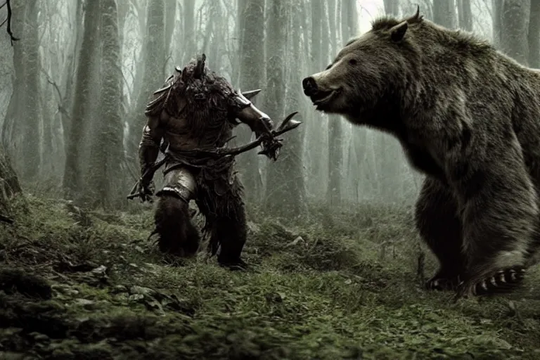 Image similar to vfx movie closeup detailed ancient armored warrior orc hunting riding large bear in the forest, natural lighting by emmanuel lubezki