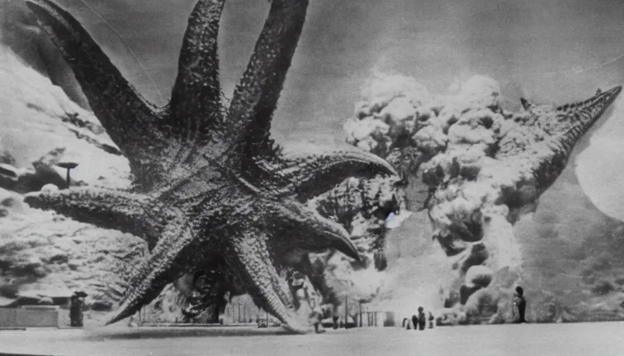 Image similar to rare vintage footage of a giant Kaiju Starfish monster, overshadowing Kim Jong-il, shin sang-ok and Choi Eun-hee escaping, 1985, Pyongyang, obscured underexposed view