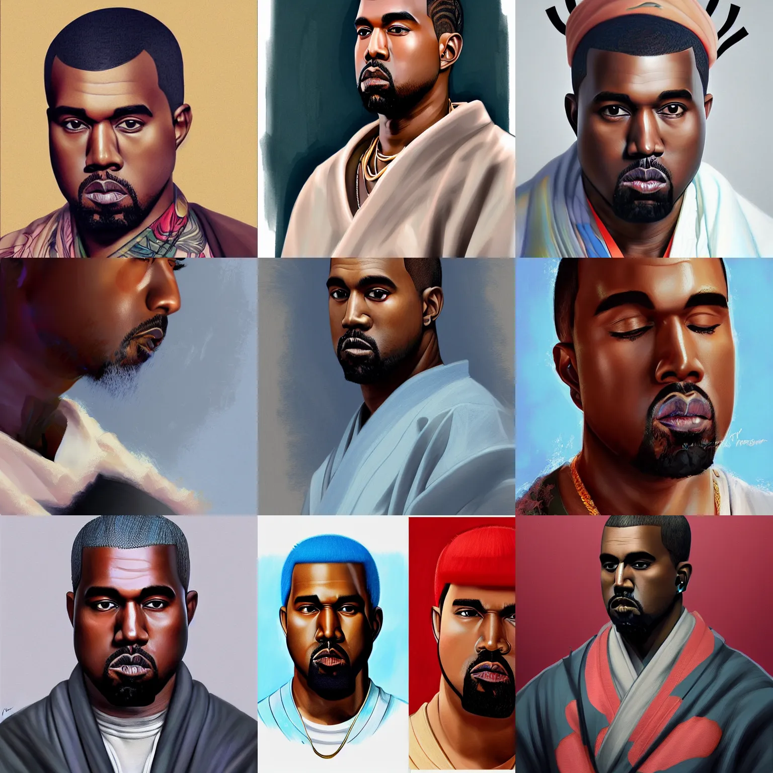 Prompt: A realistic anime portrait of Kanye West wearing a kimono, digital painting, by Stanley Artgerm Lau, WLOP, and Rossdraws, digtial painting, trending on ArtStation, deviantart