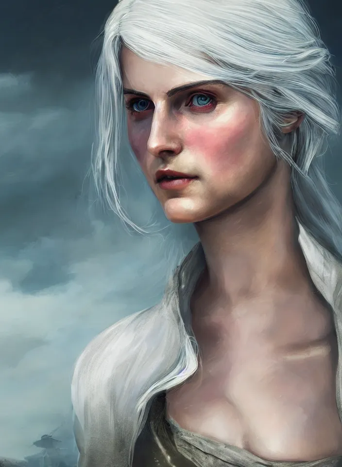 Image similar to a half portrait of ciri from the witcher 3 wearing a white sundress in fallout 4, platinum hair, fantasy setting, beautiful face, warm colors, serene lighting, atmospheric, cinematic, moody, in the style of diego koi, gina heyer, luiz escanuela, art by alyssa monk, hyperrealism, rule of thirds, golden ratio, oil on canvas, 8 k