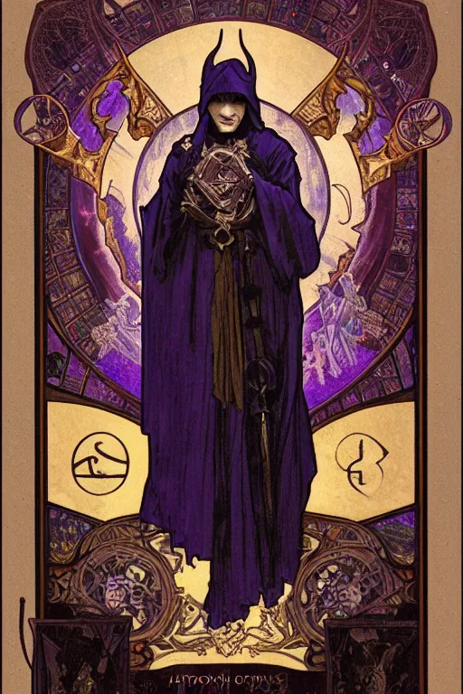 Prompt: tarot card, half - body, the devil, demon male, black and purple robes, beautiful, medieval, super detailed, ornate, by alphonse mucha, craig mullins, greg rutkowski, symmetry, 8 k, sharp focus