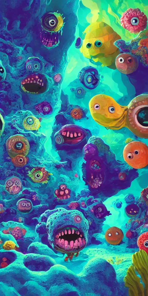 Image similar to of a colorful deep sea cave with strange cute friendly happy creatures with huge eyes, mouth, long tongue and round teeth appearing from sandy coral, in the style of gehry and gaudi, macro lens, shallow depth of field, ultra detailed, digital painting, trending artstation, concept art, illustration, cinematic lighting, photorealism, epic, octane render