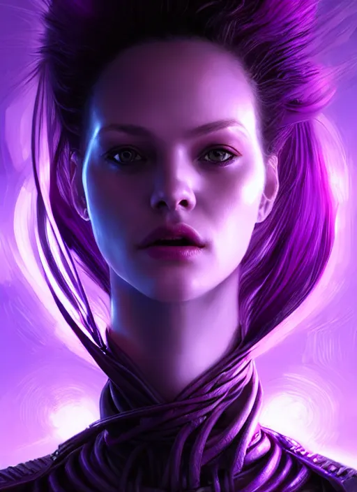 Prompt: top down lighting, extreme close up, stunning portrait of a woman in purple leather future armor with a long black ponytail, purple eyes, glowing with void energy, spaceship hallway, intricate, mood lighting, highly detailed, digital painting, artstation, concept art, smooth, sharp focus, illustration, art by wlop, mars ravelo and greg rutkowski