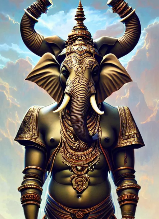 Prompt: perfectly centered full figure portrait of hindu god ganesha elephant, sci - fi armour, muscular! cyberpunk, intricate, elegant, highly detailed, digital painting, artstation, concept art, sharp focus, illustration, art by artgerm and greg rutkowski and alphonse mucha