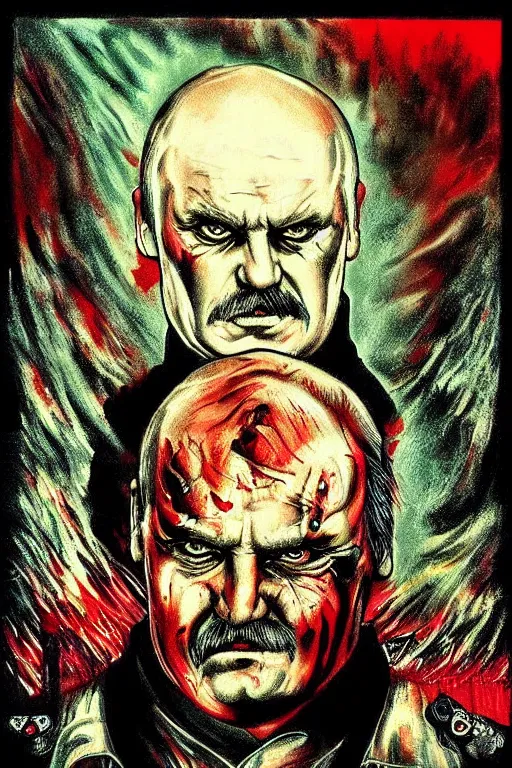 Prompt: lukashenka went to hell, art in the style of a poster for horror films in a cinema, detailed art in color