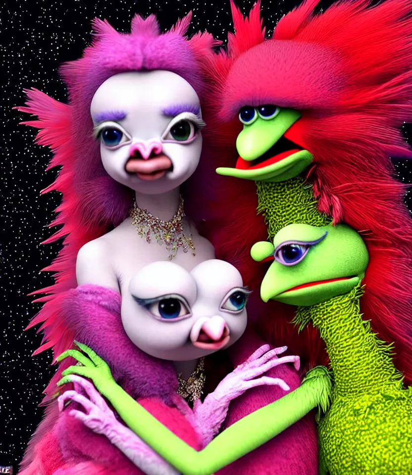 Image similar to hyper detailed 3d render like a Oil painting - kawaii portrait of hopeful lovers hugging tight or kissing pecking adorably Aurora (a beautiful girl skeksis muppet fae princess protective playful expressive acrobatic from dark crystal that looks like Anya Taylor-Joy) seen red carpet photoshoot in UVIVF posing in scaly dress to Eat of the Strangling network of yellowcake aerochrome and milky Fruit and His delicate Hands hold of gossamer polyp blossoms bring iridescent fungal flowers whose spores black the foolish stars by Jacek Yerka, Ilya Kuvshinov, Mariusz Lewandowski, Houdini algorithmic generative render, golen ratio, Abstract brush strokes, Masterpiece, Edward Hopper and James Gilleard, Zdzislaw Beksinski, Mark Ryden, Wolfgang Lettl, hints of Yayoi Kasuma and Dr. Seuss, Grant Wood, octane render, 8k