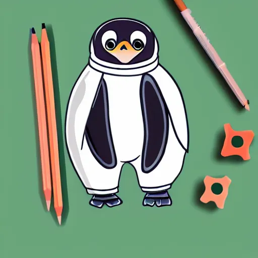 Prompt: cute drawing of a penguin on an astronaut suit, helmet on, floating on space, cartoon disney style, solid color