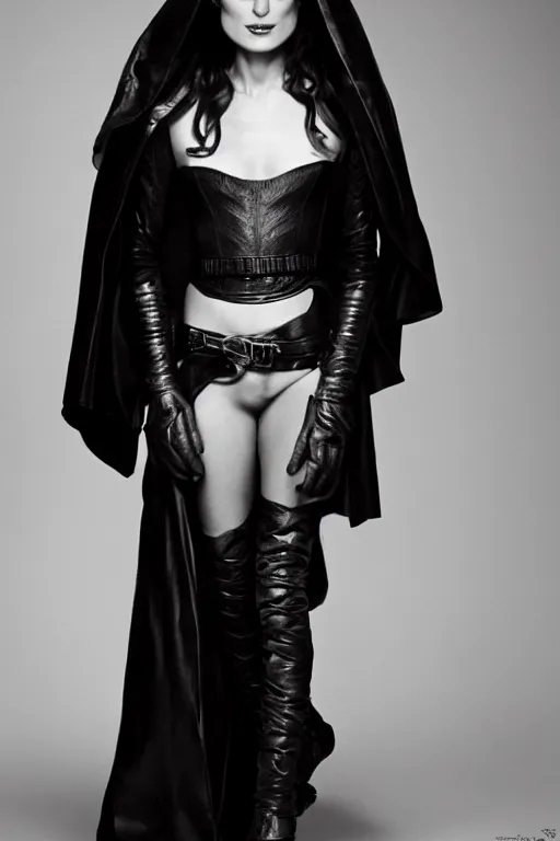 Image similar to keira knightley dressed as a dnd rogue wearing a black cape and high leather boots, cosplay, photo shoot, studio lighting, portrait by bruce weber