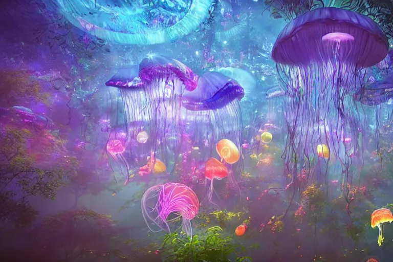 Prompt: An enchanted fantasy forest. Floating jellyfish. Colorful. Cinematic lighting. Photorealism.