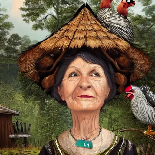 Image similar to a fabulous old woman with a sly face, a long nose and a wart on it. there is a black cat nearby. the background of huge chicken paws on top is a hut. fabulous enchanting dense forest around. very clear image. hyperrealistic.