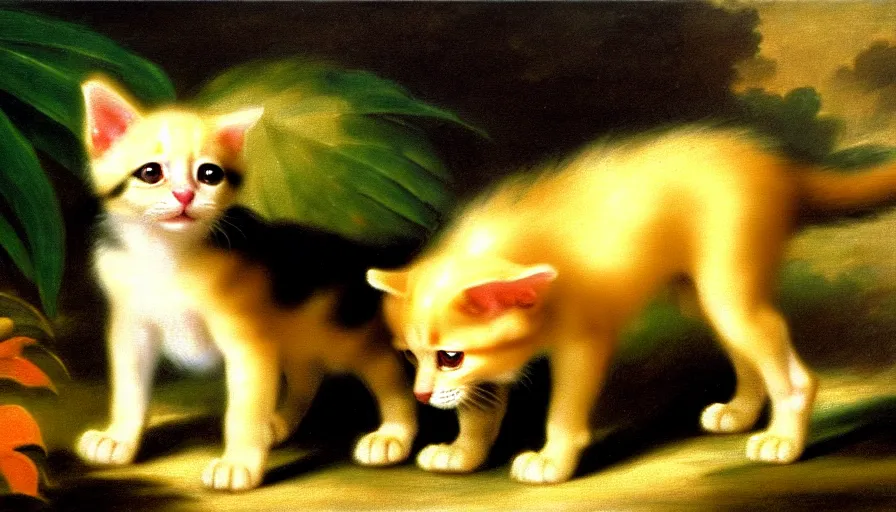 Prompt: a tropical dog kitten in the style of francisco goya, 4 k resolution, tropical background, tropical