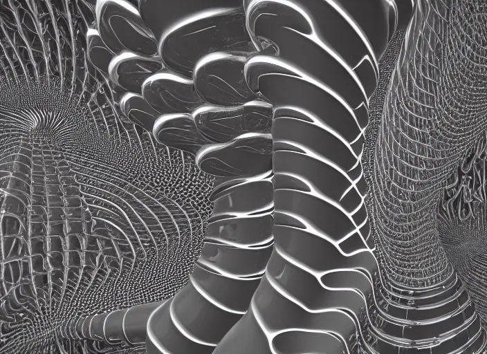 Image similar to an arrangement of ceramic pipes in the shape of vocal tracts ejecting a pattern of fractal jet streams of air, xenomorph, highly detailed, 8 k, octane,