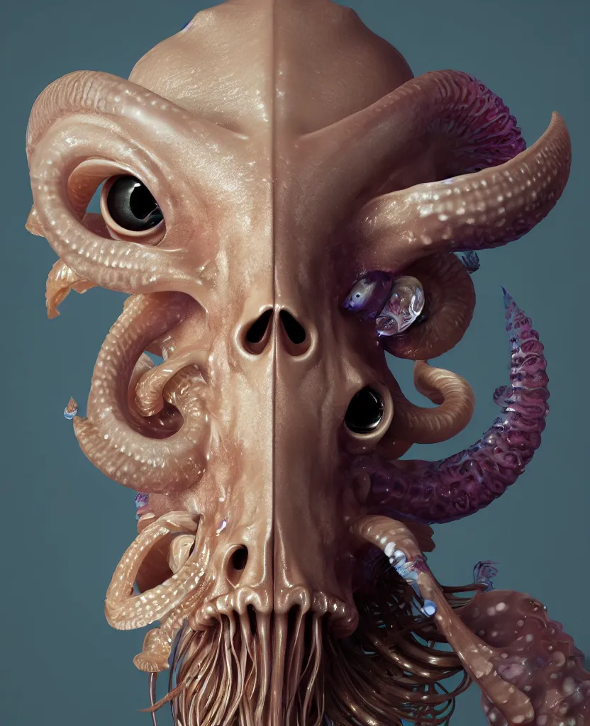 Image similar to goddess princess face close-up portrait ram skull. hard surface modelling zbrush. jellyfish phoenix head, nautilus, orchid, skull, betta fish, bioluminiscent creatures, intricate artwork by Tooth Wu and wlop and beeple. octane render, trending on artstation, greg rutkowski very coherent symmetrical artwork. cinematic, hyper realism, high detail, octane render, 8k