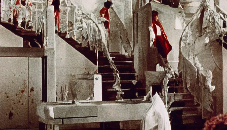 Prompt: 60s movie still of a white japanese female phantom bloody in an infinite stair, eastmancolor, heavy grain, high quality, higly detailed, liminal space