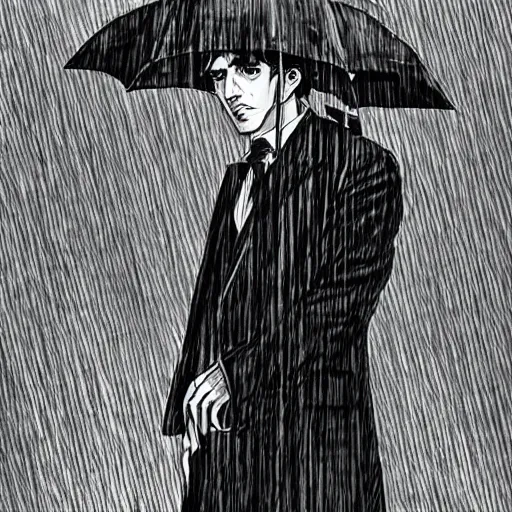 Image similar to Sherlock Holmes standing in the rain in the style of Junji Ito