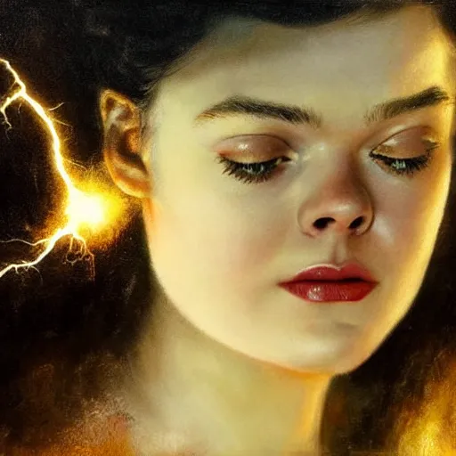 Image similar to ultra realistic portrait painting of elle fanning being struck by lightning, art by frank frazetta, vintage levi ’ s ad, stormy weather, dark vibes, 4 k, ultra realistic, highly detailed, epic lighting