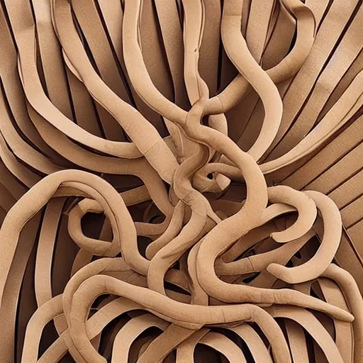 Image similar to tentacles made of brown corrugated cardboard, cut out of cardboard, realistic photography, fantasy