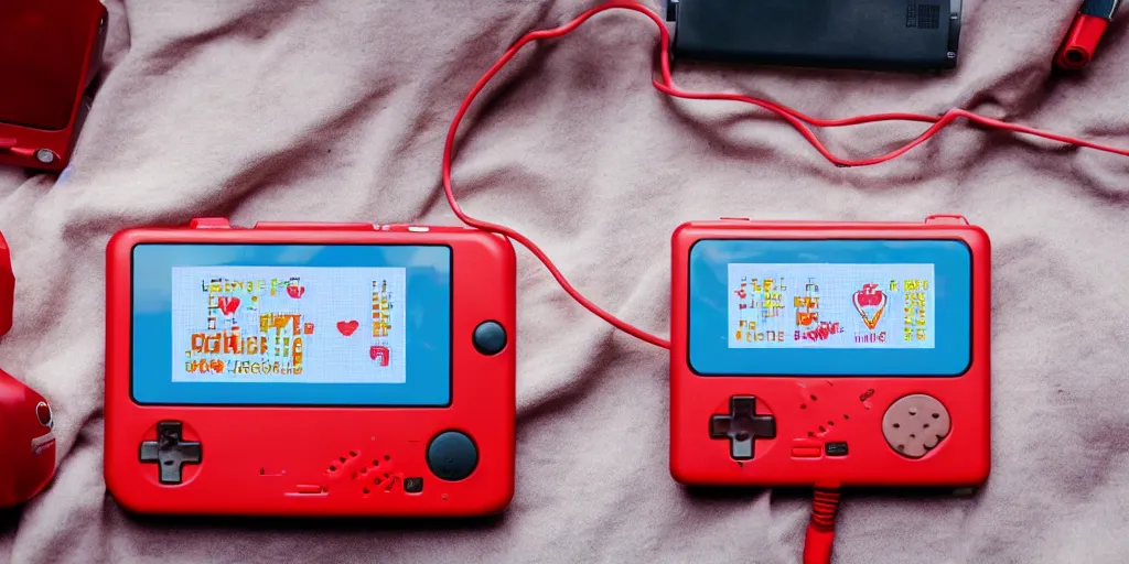 Prompt: heart monitor films in a childrens hospital on a wide red gameboy handheld console