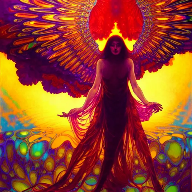 Image similar to psychedelic transcendent cyborg mind bending psychedelic wings of glossy liquid honey flowing like kaleidoscopic translucent holograph, lsd feathers, honey wind, enlightenment, high contrast dappled lighting, refracted sunset, highly detailed, concept art, art by collier, albert aublet, krenz cushart, artem demura, alphonse mucha