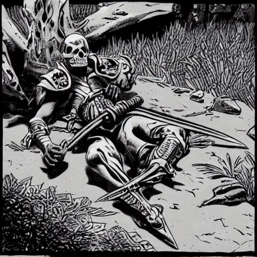 Image similar to A sword stuck in the ground, with a skull lying next to it. Close Up Shot, Dark Fantasy, Film Noir, Black and White. High Contrast, Mike Mignola, D&D, OSR