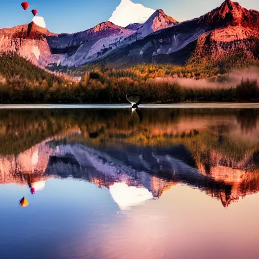 Image similar to photo of two black swans touching heads in a beautiful reflective mountain lake, a colorful hot air balloon is flying above reflecting off water, hot air balloon, intricate, 8k highly professionally detailed, centered, HDR, CGsociety