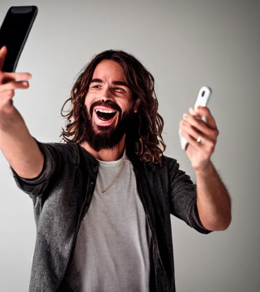 Image similar to Jesus taking a selfie. He is laughing. Professional photo